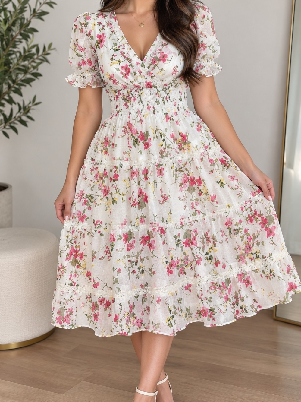 Taylor White Midi Dress with Pink Floral Print